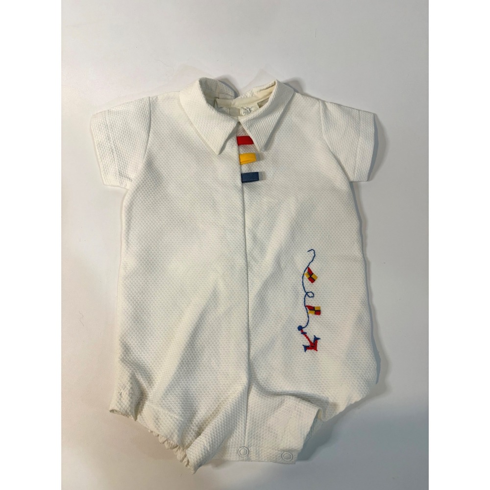 Vintage Alexis Baby Romper White Nautical Anchor Signal Flags 6-9 Months USA